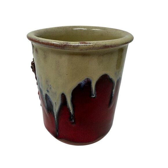 Handcrafted Ceramic Coffee Mug Redware Drip Glaze Rustic Cross Floral Handle - Picture 5 of 16